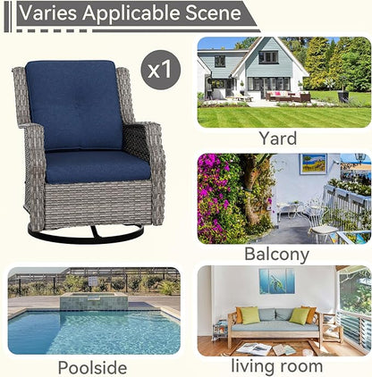 Outdoor Swivel Rocker Patio Chair - 360 Degree Patio Swivel Glider Chair with 3.5" Premium Olefin Fabric Cushions(Mixed Grey/Blue)