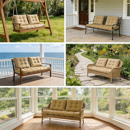 3 Pcs Wicker Chair Cushions Patio Loveseat Chaise Cushion Set - 1200D 47x19*4 Inch Waterproof Wicker Bench Cushions with 2 19x19x4 Inch Chair Cushions for Garden Porch Wicker Patio Furniture(Khaki)