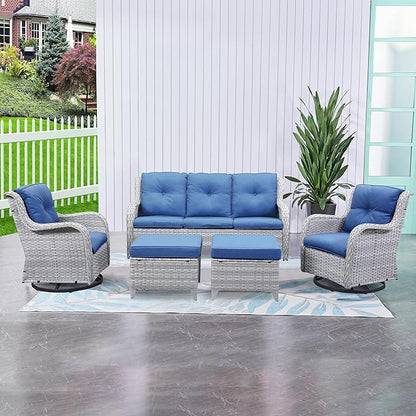 HUMMUH Outdoor Swivel Rocker Wicker Patio Chairs Set of 2,PE Rattan Rocking Chair Furniture Set(Light Grey,Blue)