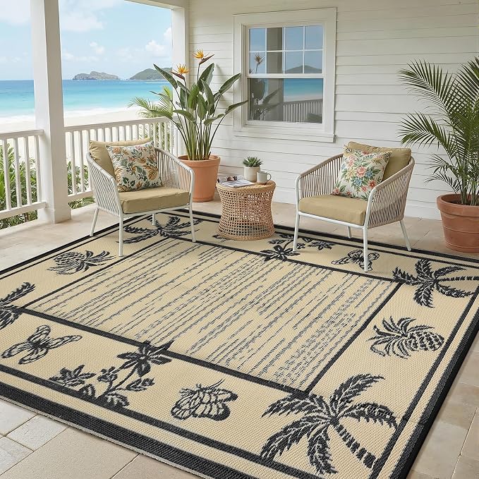 Garvee Outdoor Rug 5x8 Waterproof for Patios, Reversible Plastic Straw Rug, Tropical Leaf Indoor Outdoor Rugs, Large Area Rug for RV, Camping, Deck, Picnic Mat, Outside Carpet, Black & Brown