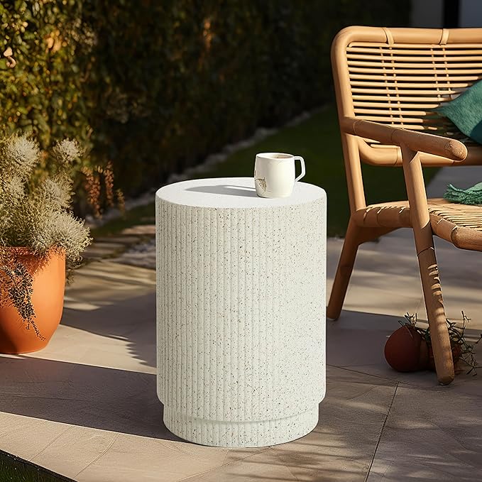 LuxenHome Cream Cement Round Outdoor Side Table, Set of 2