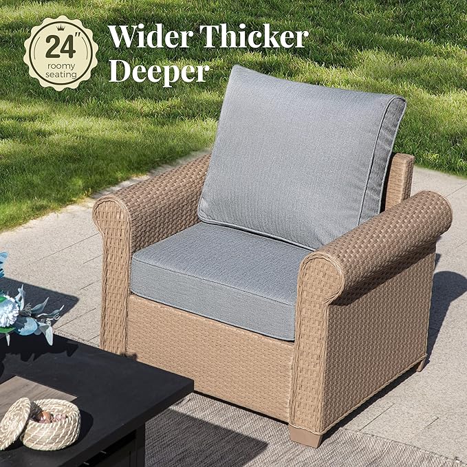 Patio Furniture Set 6 pcs, Wicker Outdoor Patio Furniture, 3-Seat Sofa, 4 Single Chairs and 56" Gas Fire Pit Table, Rattan Patio Conversation Set for Backyard Deck, Grey