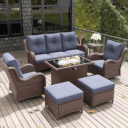 LayinSun 7 Pieces Outdoor Patio Furniture Set with Fire Pit Table, Rattan Wicker Sectional Swivel Rocker Chairs Sets with Ottomans, Swivel Glider Chairs and Coffee Table