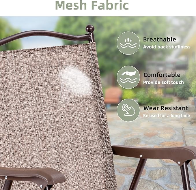 Tangkula Set of 2 Patio Folding Dining Chairs, Outdoor Sling Lawn Chairs with Armrests, Steel Frame, Portable Camping Lounge Chairs for Backyard, Deck, Poolside and Garden, No Assembly (1, Brown)