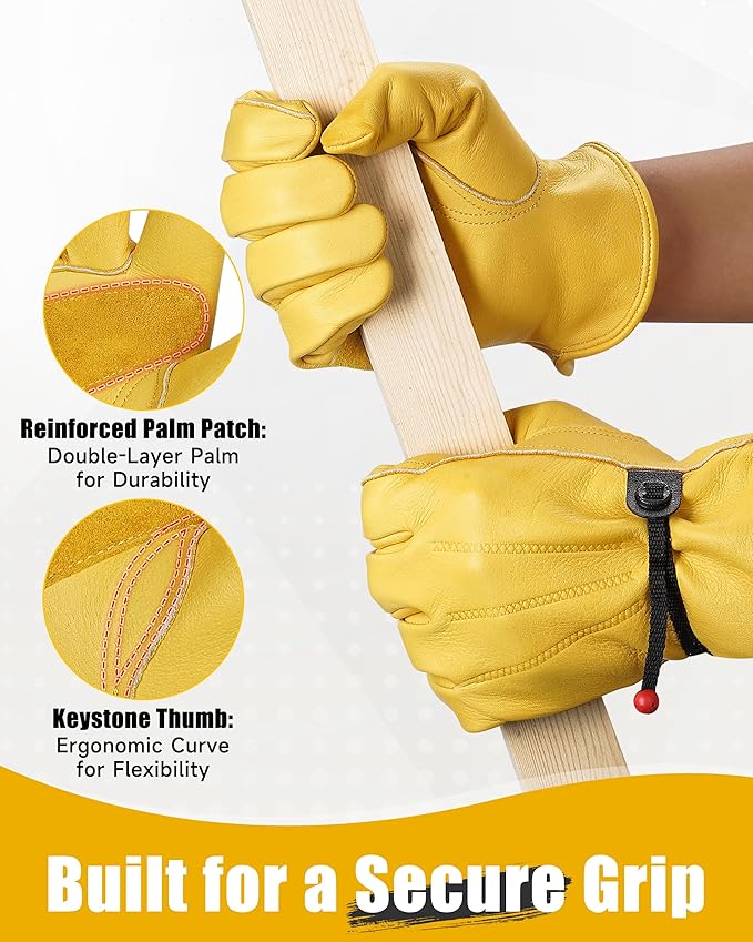 DULFINE Cowhide Leather Work Gloves for Men & Women, Reinforced Durable Gardening Gloves, Puncture & Cut Resistant