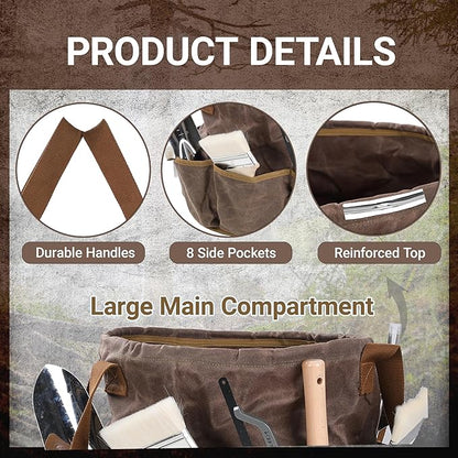 Heavy-Duty 16oz Waxed Canvas Tool Bag - 14" Foldable Open Top Organizer with Metal Frame, 8 Pockets & Reinforced Handle | Grey