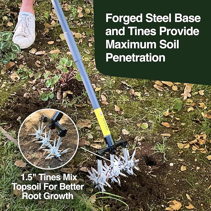 Rocklin New Heavy-Duty Rotary Cultivator Tool - 2X the Steel - 60” Extra Long Handle - Steel Tines - Heavy Duty - for All Soils - Till, Aerate, Weed, or Mix