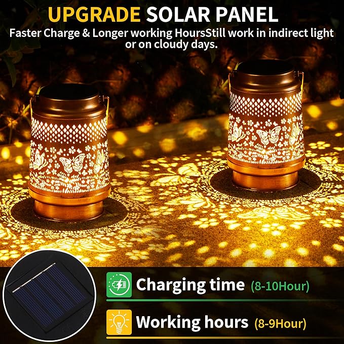 2 Pack Solar Lanterns Outdoor Waterproof, Hanging Metal Butterfly Decorative Lights for Garden Patio Yard Porch Pathway, Solar Powered Outdoor Lantern Gifts for Women Mom Grandma