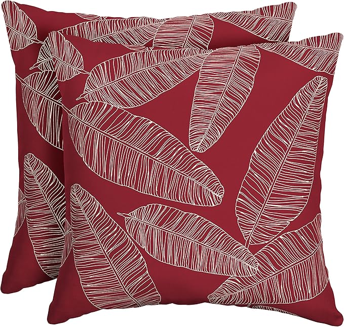 Arden Outdoor Throw Pillows 2 Pack, 16x16 Patio Accent Cushions, Water & UV Resistant, Fade Resistant Outdoor Decorative Pillows with Recycled Polyfiber Fill, Red Leaf Palm