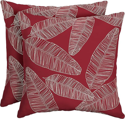 Arden Outdoor Throw Pillows 2 Pack, 16x16 Patio Accent Cushions, Water & UV Resistant, Fade Resistant Outdoor Decorative Pillows with Recycled Polyfiber Fill, Red Leaf Palm