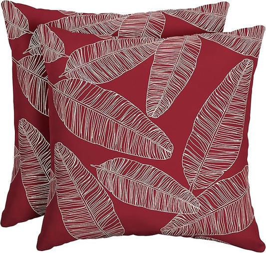Arden Outdoor Throw Pillows 2 Pack, 16x16 Patio Accent Cushions, Water & UV Resistant, Fade Resistant Outdoor Decorative Pillows with Recycled Polyfiber Fill, Red Leaf Palm