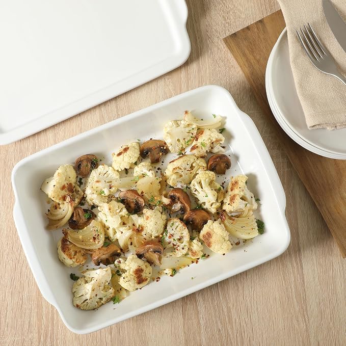 Gibson Home Gracious Dining 2.6-Qt White Stoneware Covered Baking Dish w/Multi-Purpose Lid – 12.7" x 9" Rectangular Oven Safe Casserole, Lasagna & Roasting Baker, Lid Doubles as Serveware or Trivet