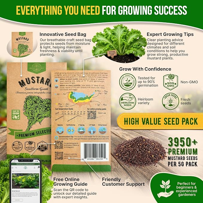 Organo Republic Mustard Southern Giant Seeds Pack 5 G - Over 3,950 Non-GMO Heirloom Mustard Seeds for Planting Greens in Individual Seed Packet, Greens Seeds for Planting Home Garden Indoor & Outdoor