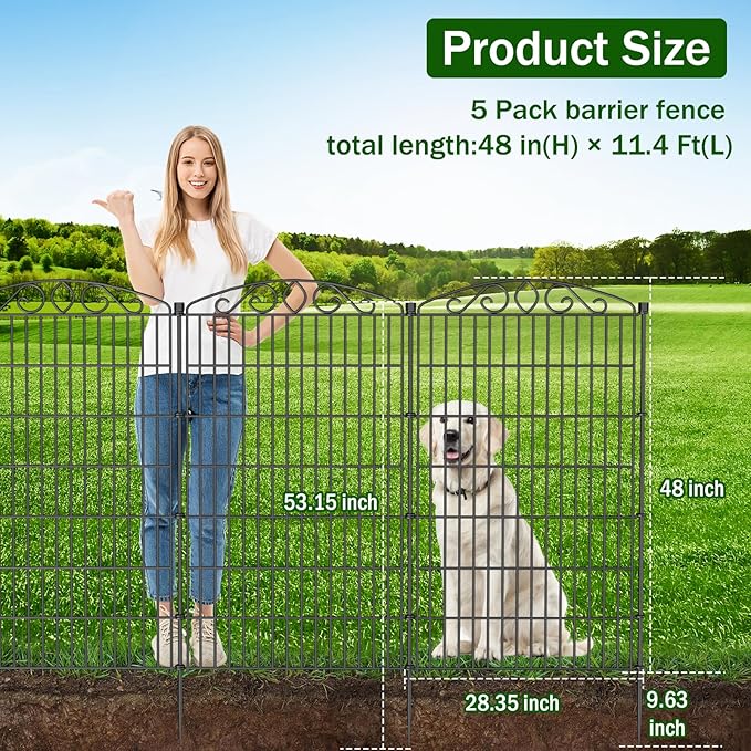 5 Panel No Dig Decorative Garden Fence with Gate - 48in H x 11.4 ft L, Tall Animal Barrier for Dogs Rabbits, Rustproof Metal Wire Panels for Yard, Patio, and Outdoor Border Use