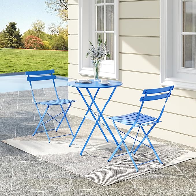 3-Piece Folding Bistro Set, Outdoor Patio Furniture Set with 2 Chairs & 1 Table, Space-Saving Foldable Balcony Garden Set with Heavy-Duty Powder-Coated Steel Frame, No Assembly Required, Blue