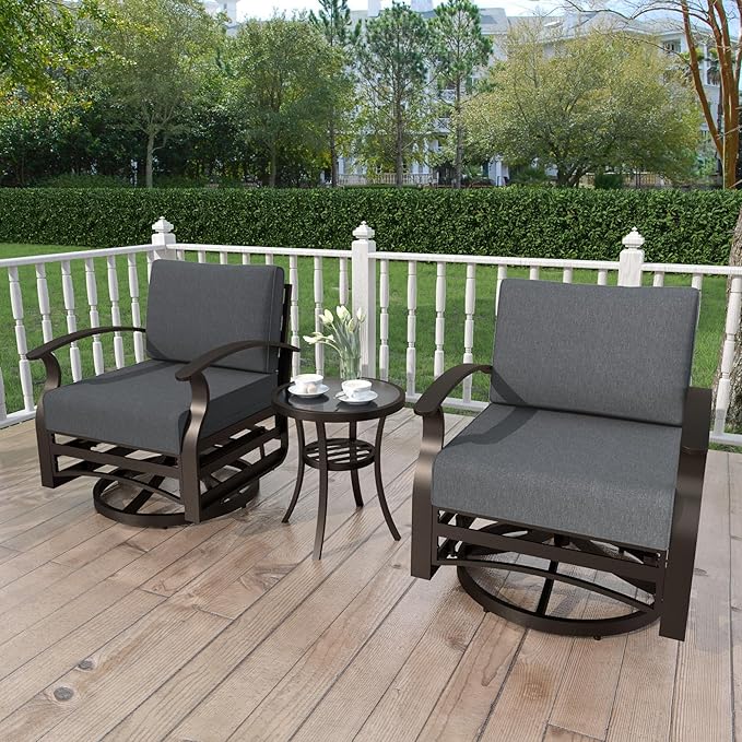 Kurapika 3 Pieces Patio Furniture Set, Outdoor Aluminum Swivel Gliders Rocker, Patio Bistro Set Rocking Chair with Thickened Cushions and Tempered Glass Side Table for Porch Garden Deck (Black)
