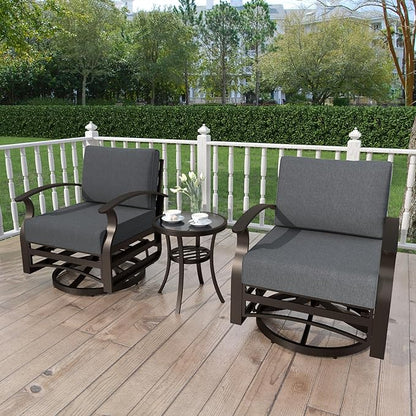 Kurapika 3 Pieces Patio Furniture Set, Outdoor Aluminum Swivel Gliders Rocker, Patio Bistro Set Rocking Chair with Thickened Cushions and Tempered Glass Side Table for Porch Garden Deck (Black)