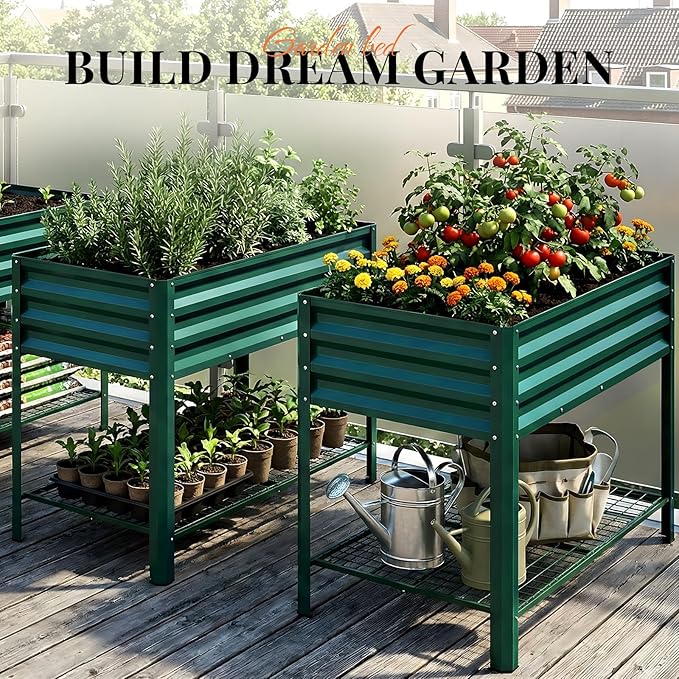KING BIRD Large Raised Garden Bed with Legs & Storage Shelf Galvanized Elevated Planter Box for Backyard, Patio, Balcony, 400lb Capacity, Green 48×24×31.5 in