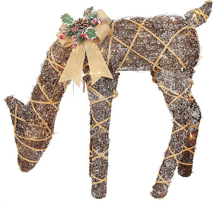 Alpine Corporation 29" Tall Natural Twig Wrapped Rattan Grazing Deer with Warm White LED Lights, Indoor/Outdoor Rustic Holiday Decoration, Brown