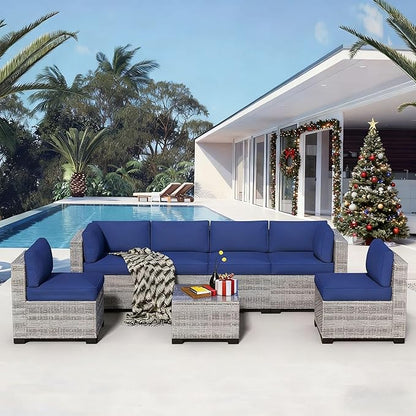 7-Piece Outdoor Sectional Patio Furniture Set, All-Weather Wicker Rattan Sofa w/Thick Washable Cushions & Tempered Glass Table, Perfect for Garden, Poolside, Backyard (7, Graywhite&Navy Blue)