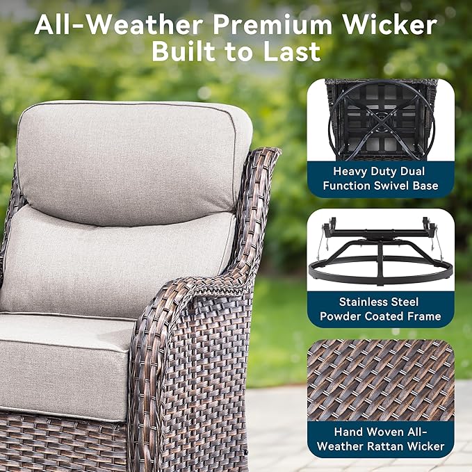 Luxury High Back Outdoor Furniture 6-Inch Thick Cushions with 50,000 BTU Gas Propane Fire Pit Tablet, Patio Furniture Set with Swivel Chairs, 6 PCS for Porch, Balcony, Deck and Yard