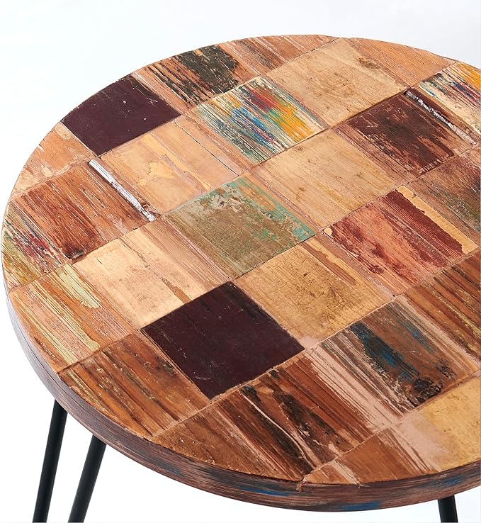 Wood Multi Color Side Table 17.5" x 17.5" x 20" H Reclaimed Vintage Round Accent Coffee Table Wooden Rustic Outdoor Patio End Tables Plant Stand Living Room Bedroom