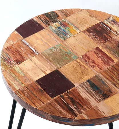Wood Multi Color Side Table 17.5" x 17.5" x 20" H Reclaimed Vintage Round Accent Coffee Table Wooden Rustic Outdoor Patio End Tables Plant Stand Living Room Bedroom