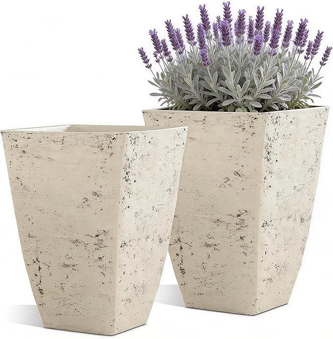 19" H Country White Square Planters for Outdoor Plants, Set of 2 Large Flower Pot with Drainage Hole, Weather-Resistant for Porch,Garden, Patio or Indoor Use