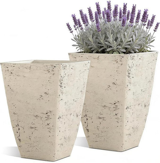 19" H Country White Square Planters for Outdoor Plants, Set of 2 Large Flower Pot with Drainage Hole, Weather-Resistant for Porch,Garden, Patio or Indoor Use