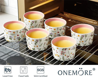ONEMORE 6 oz Ramekins Oven Safe, Floral Ceramic Ramekin Set of 6 Pink Ramekins for Baking & Serving, Creme Brulee Dishes, Custard Pudding Souffle Cups, Small Dessert Bowls for Oven, Air Fryer