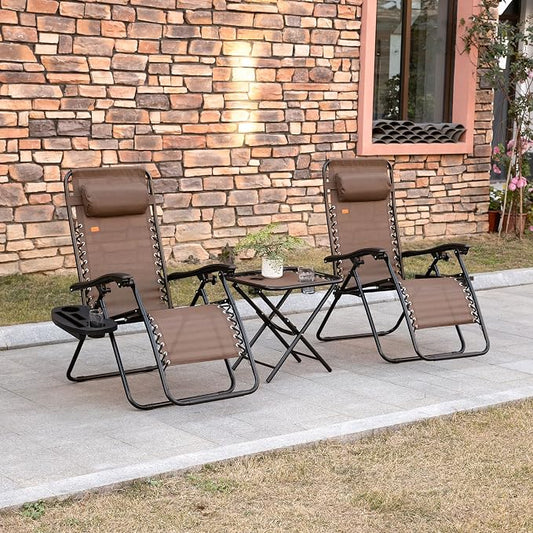 Outsunny Zero Gravity Chair Set with Side Table, Folding Reclining Chair with Cupholders & Pillows, Adjustable Lounge Chairs for Pool, Backyard, Lawn, Beach, Brown