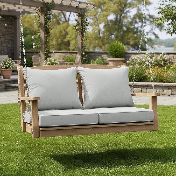 Summsun Patio Cushions for Outdoor Furniture, Faux Linen Water Resistant Backrest and Deep Seat Cushion Set with Non-Slip Bottom, Ties, Removable Cover, 24 x 24 Inch, Light Grey, Set of 2