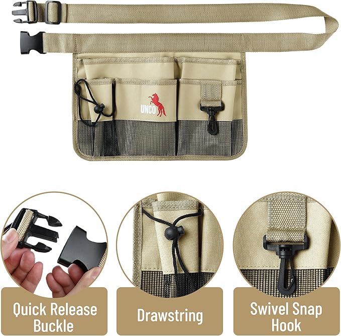 UNCO- Adjustable Gardening Belt, Khaki, 7 Pockets, Wear, Cut and Water Resistant, Garden Tool Belt Pouch, Waist Apron with Pockets