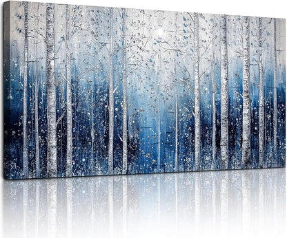 SERIMINO Birch Forest Wall Art, Nature Tree Extra Large Artwork, Spiritual Landscape Canvas Painting, Blue and White Aesthetic Pictures Wall Decor Living Room Bedroom Office Art Prints 29"X57"
