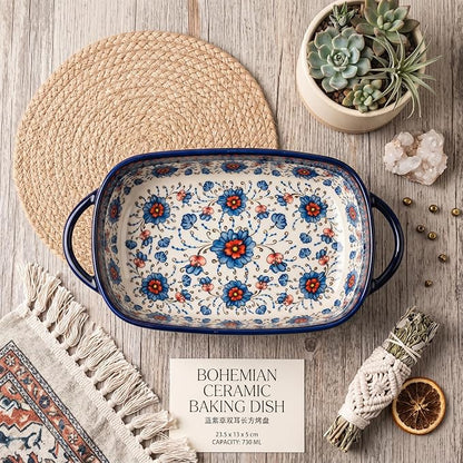 Ceramic Baking Dish with Handles, ceramic bakeware，Hand-painted Polish Pottery Baking Dish Set of 2,Baking Pan Lasagna Pan, Rectangular, Floral Pattern,baking tray Oven Safe 13.22x7.5x2.8 In (blue)