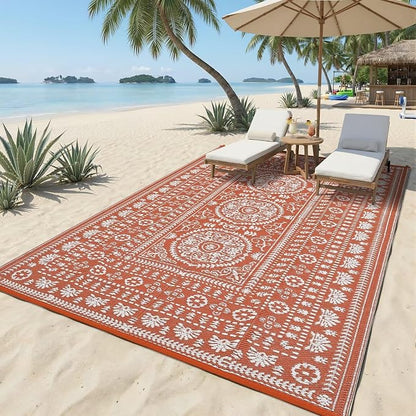 Garvee Reversible Outdoor Rug 6x9 for Patio, Waterproof Outdoor Area Rug, Modern Medallion Indoor Outdoor Rugs, Plastic Straw Rug for RV, Camping, Deck, Vintage Terracotta