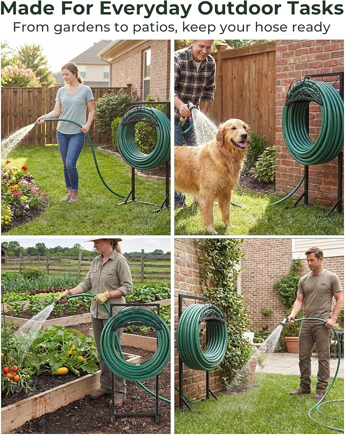 Garden Hose Holder Stand, Heavy Duty Freestanding Metal Rack | Reinforced Triangle Support, Dual Ground Stakes & Weather-Resistant Finish for Elegant Outdoor Storage