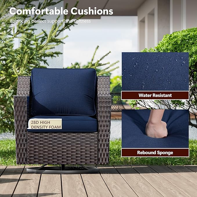 7 Pieces Wicker Patio Furniture, Luxury Outdoor Furniture with 2 Patio Swivel Chair, 3-Seater Sofa, 2 Patio Ottoman, 1 Coffee Table and 1 Side Table, Wide Armrest, Thickened Cushions