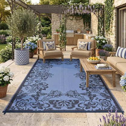 Garvee Outdoor Rugs 8’x10’ Waterproof Reversible Mats, Large Area Plastic Straw Rug, Outside Carpet, Butterfly Floral Rv Mat for Patio Camping Picnic Backyard Deck Balcony Porch Beach Trailer