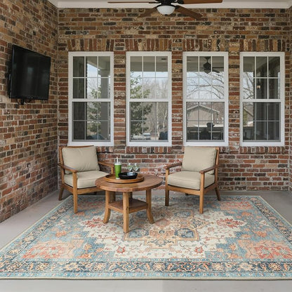 GENIMO Outdoor & Indoor Area Rug 4'x6', Waterproof, Non-Shedding, Easy Cleaning, Boho Mat for Patio, Living Room, Balcony, Dining Room, RV, Deck, Bedroom, Camping, Outside Carpet,Blue Salmon