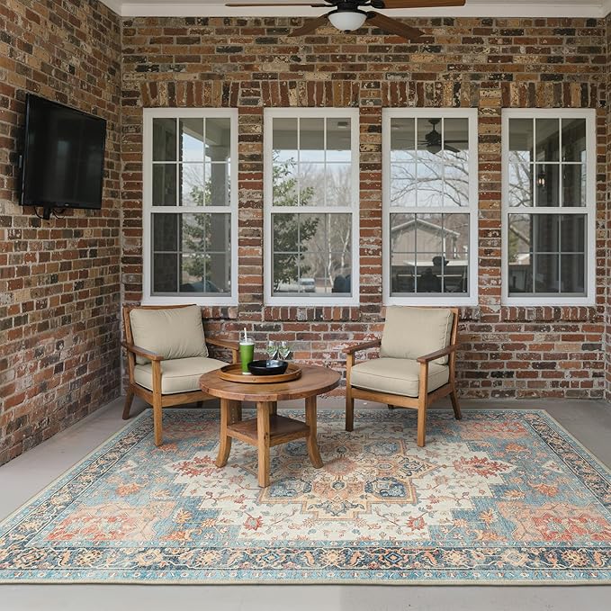 GENIMO Outdoor & Indoor Area Rug 6'x9', Waterproof, Non-Shedding, Easy Cleaning, Boho Mat for Patio, Living Room, Balcony, Dining Room, RV, Deck, Bedroom, Camping, Outside Carpet,Blue Salmon