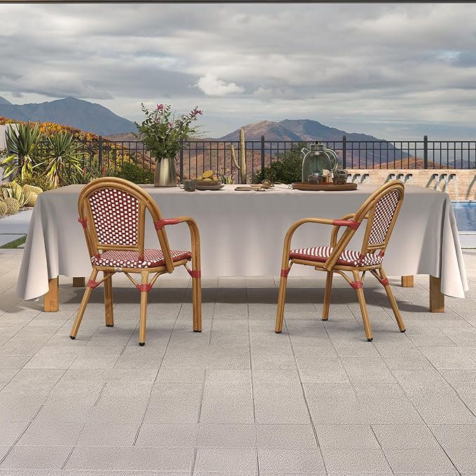 PURPLE LEAF French Bistro Chairs Set of 2 Patio Dining Chairs Hand-Woven Aluminum Wicker Rattan Armchairs for Kitchen Porch Garden Bamboo Print Finish Red White