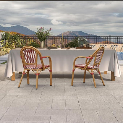 PURPLE LEAF French Bistro Chairs Set of 2 Patio Dining Chairs Hand-Woven Aluminum Wicker Rattan Armchairs for Kitchen Porch Garden Bamboo Print Finish Red White