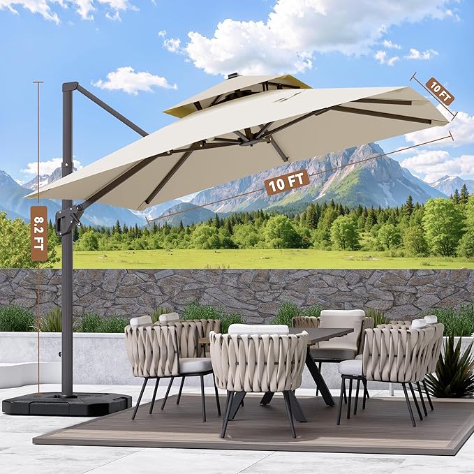 10' X 10' Cantilever Patio Umbrella Outdoor Heavy Duty Double Top Windproof Square Offset Umbrellas with 360-degree Rotation for Pool Deck Backyard, Beige