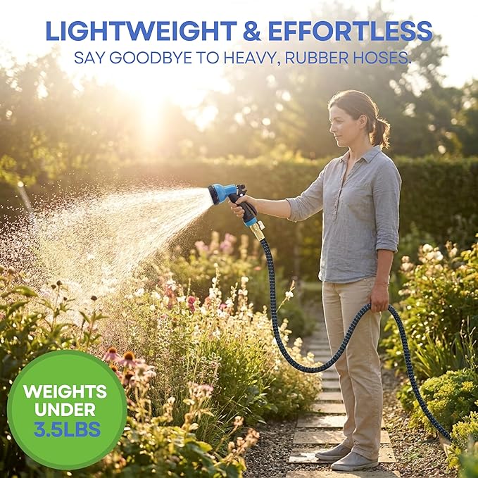 J&B XpandaHose 75ft Expandable Garden Hose with Holder - Heavy Duty Superior Strength 3750D - 4 -Layer Latex Core - Extra Strong Brass Connectors and 10 Spray Nozzle w/Storage Bag (Blue 75)