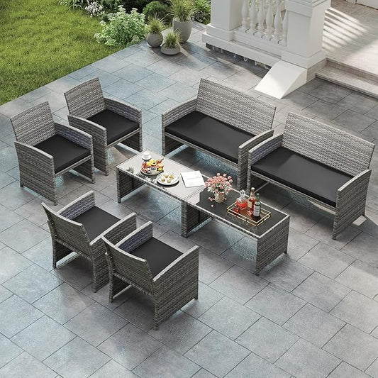 Tangkula 8 Piece Patio Wicker Furniture Set, Outdoor Heavy Duty Rattan Cushioned Chairs, Loveseat and Tempered Glass Coffee Table, for Backyard, Balcony, Poolside