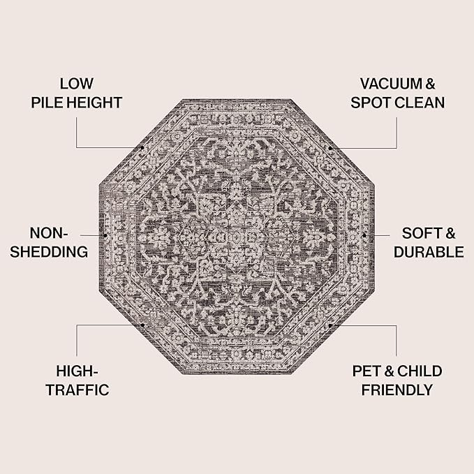 JONATHAN Y Boho Medallion Indoor Outdoor Octagon Area Rug 5 Ft Black/Gray, Malta Textured Weave for Backyard, Patio, Porch, Easy-Cleaning, High Traffic, Pet-Friendly, Non-Shedding (SMB104C-5TGN)