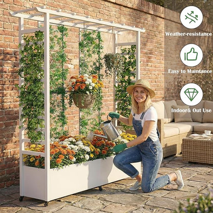 74" Mobile Planter with Trellis,Weatherproof Vertical Raise Garden Bed with Trellis & Hanging Roof for Climbing Plants,Flowers,Vegetables,Rust-Proof Metal Privacy Planter for Patio (White-B)