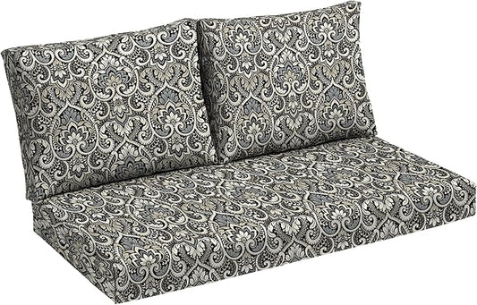 Arden Outdoor Loveseat Cushion Set, 48 x 24, Rain-Proof, Fade Resistant, Cushion Set for Couch, Bench, and Swing Black Aurora Damask