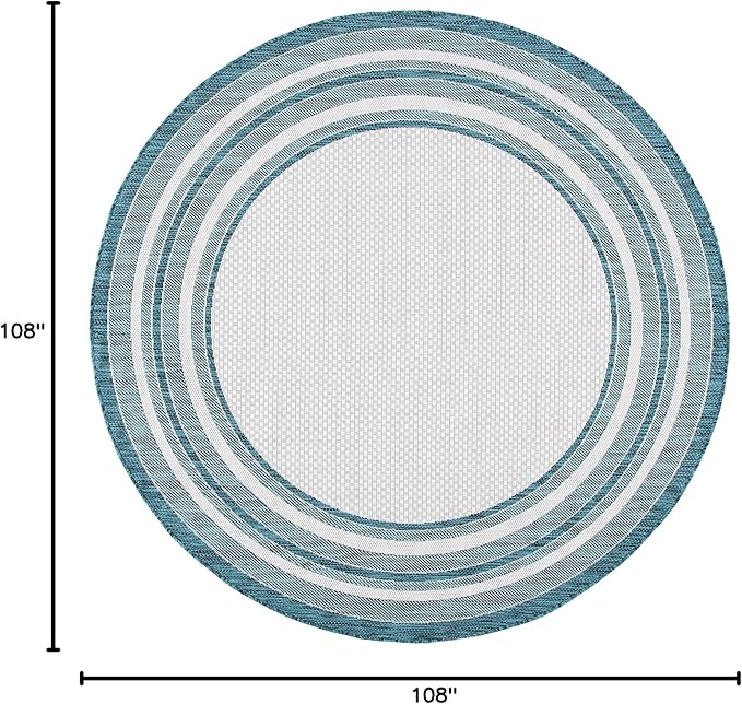 SAFAVIEH Washable Rug Outdoor Courtyard Collection - 9' Round, Ivory & Teal, Non-Shedding & Easy Cleaning, Ideal for Patio, Backyard, Mudroom (CY8475-53512)